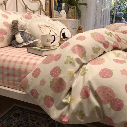 Parure de lit à motif de fraises roses, jolie housse de couette, drap plat avec taies d'oreiller, linge de lit double et complet pour enfants et filles