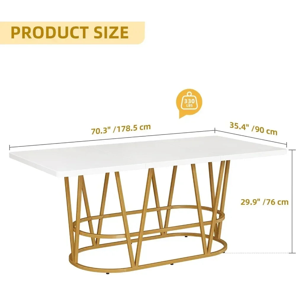 Table à manger moderne de 70,3 po avec plateau en faux marbre et pieds géométriques dorés, table à manger en bois pour les réunions de salle à manger, blanc