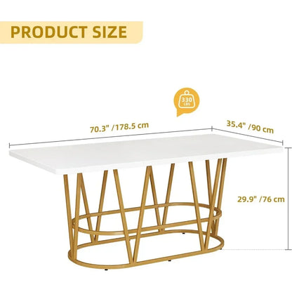 Table à manger moderne de 70,3 po avec plateau en faux marbre et pieds géométriques dorés, table à manger en bois pour les réunions de salle à manger, blanc