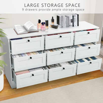 9 Drawer Dresser, White Long Dresser for Bedroom, Modern Wood Wide Dresser, Large Storage Chest of Drawers for Living Room