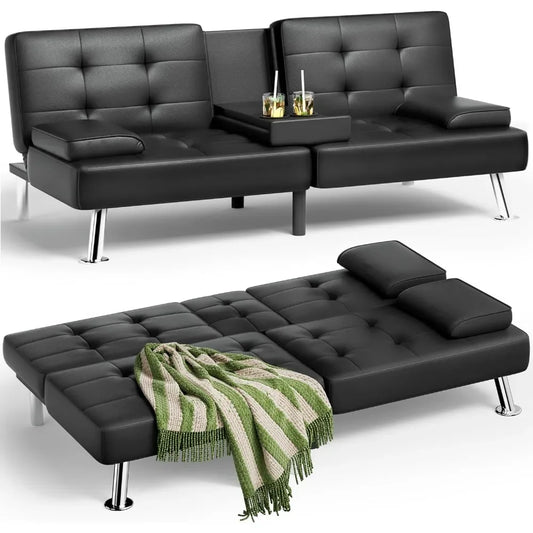 Canapé-lit futon pliable avec accoudoirs amovibles, canapé-lit inclinable réglable avec 2 porte-gobelets pour le salon