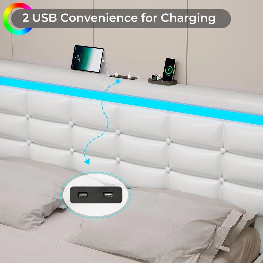 Cadre de lit pleine grandeur avec 2 stations de charge USB, tête de lit réglable en similicuir et lits de rangement