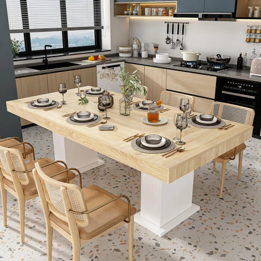 Gran mesa de comedor de 78,7" para 8-10 personas, moderna mesa de cocina rectangular de madera con patas de pedestal para comedor en color blanco y marrón claro