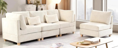 L Shaped Convertible Sectional Sofa with Movable Ottoman, Corduroy Corner Couch with Wooden Legs and Cushions, Living Room Sofa