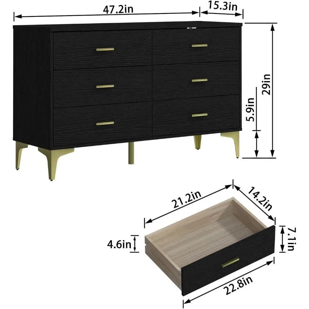 Cómoda moderna de madera con 6 cajones, organizador de almacenamiento lateral de madera con cajones anchos y manijas de metal dorado para dormitorio