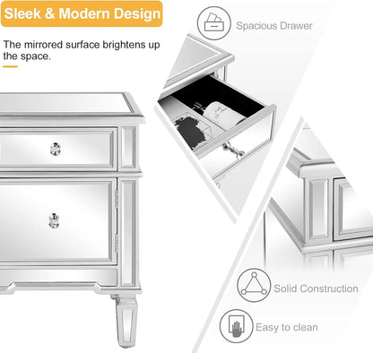 Ensemble de 2 tables de chevet en miroir Table d'appoint en verre avec tiroir pour chambre à coucher