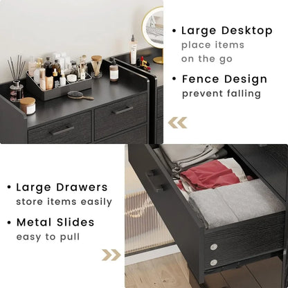 Black 6 Drawer Dresser, Wooden Storage Chest of 6 Drawers, Vertical Large Capacity Clothing Storage Organizer  vanity desk