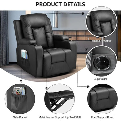 Leather Recliner Chair Rocker with Heated Massage Ergonomic Lounge 360 Degree Swivel Single Sofa Seat Drink Holders Living Room