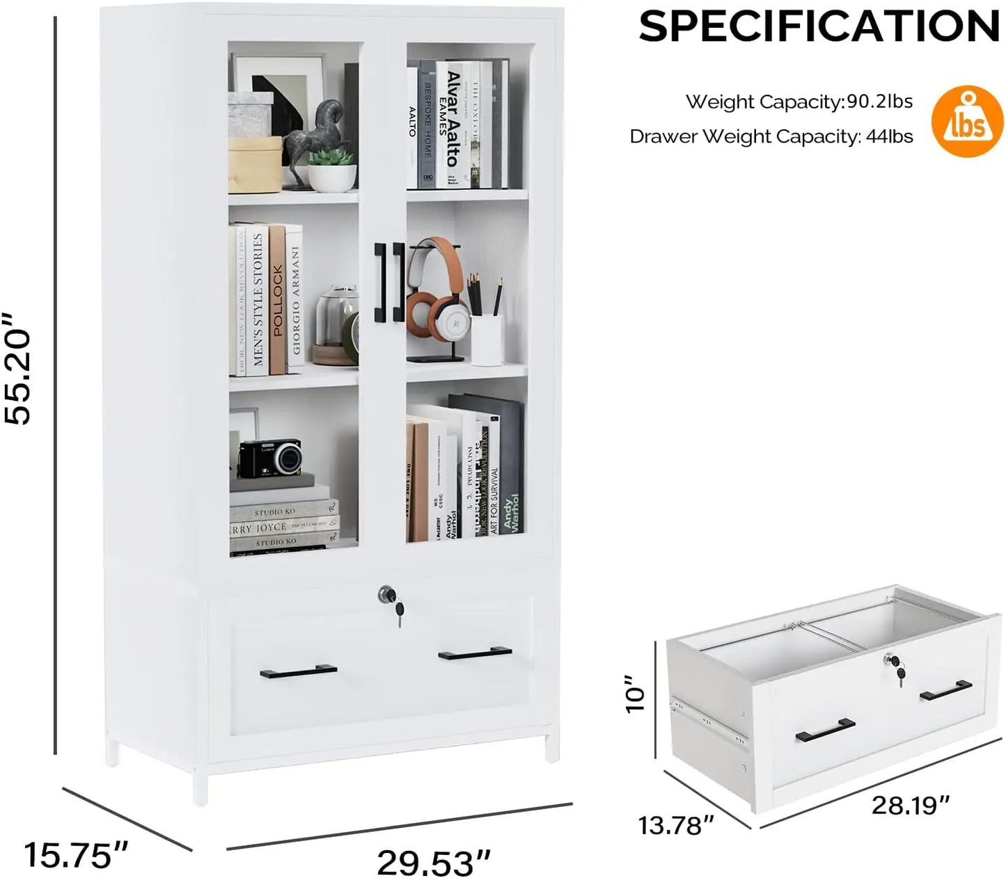 Lateral File Cabinet w/ Glass Doors and Locking Drawer for Hanging File Folders, Bookshelf w/Adjustable Shelves for Home Office