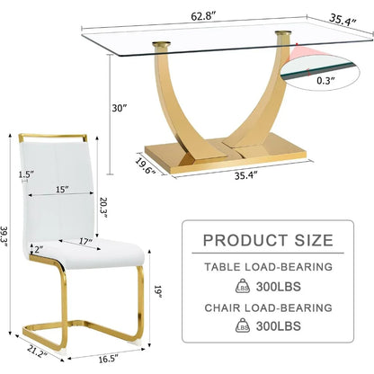 Mesa de comedor, mesa de cocina moderna y sillas de cuero para 4, mesa de comedor con tapa rectangular de vidrio templado y base dorada