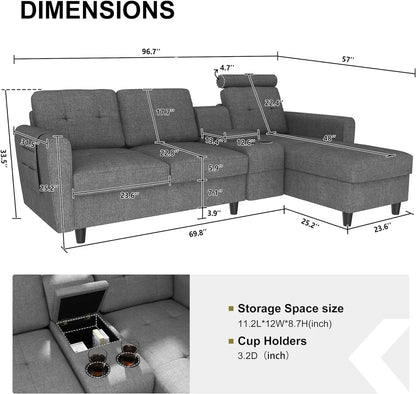 Sofá seccional convertible en forma de L con portavasos, sofá seccional moderno de 4 plazas con chaise reversible, color gris