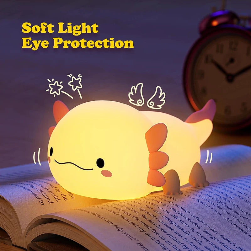 Bonita luz de noche de axolotl de silicona, lámpara para dormir para guardería, luces de noche con control táctil, lámpara de mesa recargable por USB para bebés y niños