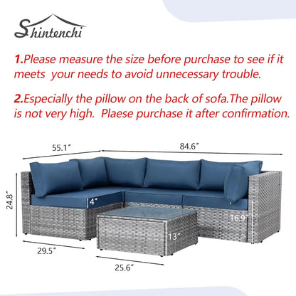 Shintenchi 5 Pieces Outdoor Patio Sectional Sofa Couch, Silver Gray PE Wicker Furniture Conversation Sets with Washable Cushions