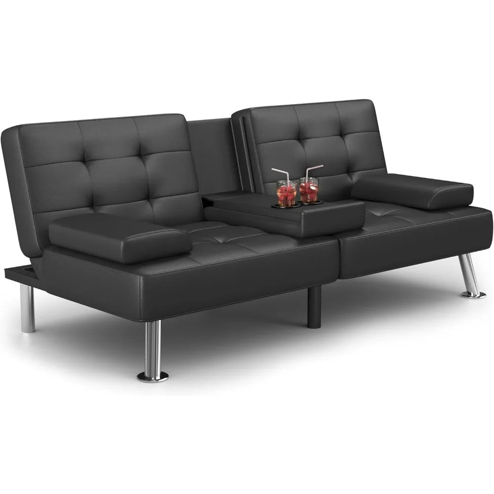 Canapé-lit futon de salon moderne en similicuir convertible, chaise longue pliable et réglable avec 2 porte-gobelets et accoudoirs