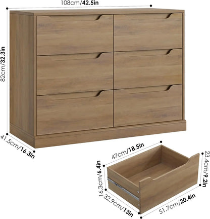 Cómoda moderna de 6 cajones para dormitorio, cómoda doble, organizador de almacenamiento grande de madera, gabinete de almacenamiento decorativo