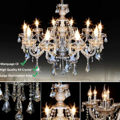 TRY-YEAN Vintage Crystal 10 Arm Cognac Chandelier Classic K9 Crystals Drop Pendant Lighting for Living Room Bedroom Hallway E14