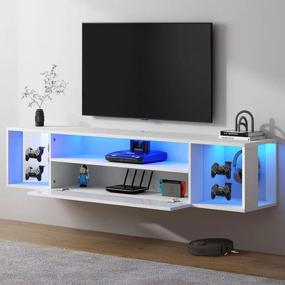 55.1'' Floating Wall TV Cabinet Stand with LED Lights, Wall Mounted TV Stand with 3 Storage Shelves, Modern Entertainment Center