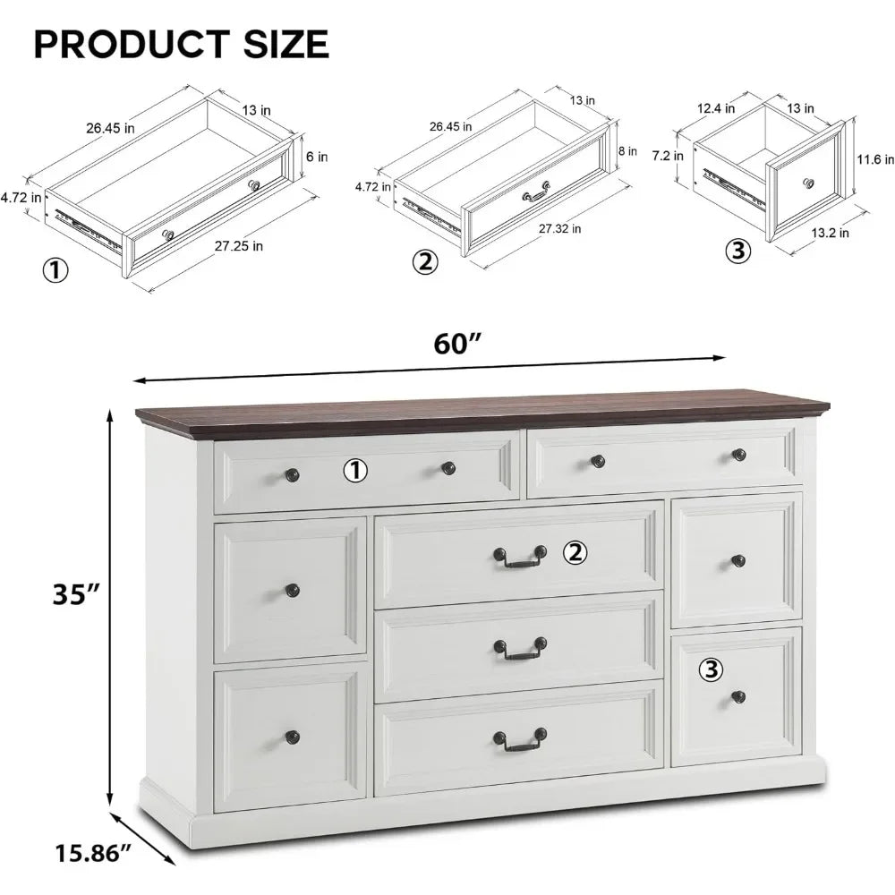 Cómoda de 9 cajones para dormitorio, cómoda rústica de madera de 60" de ancho, organizador de gran capacidad para dormitorio, color blanco