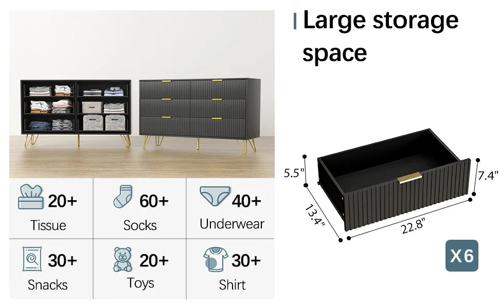 Commode noire, commode moderne à 6 tiroirs pour chambre à coucher avec poignées dorées, commode large pour salon