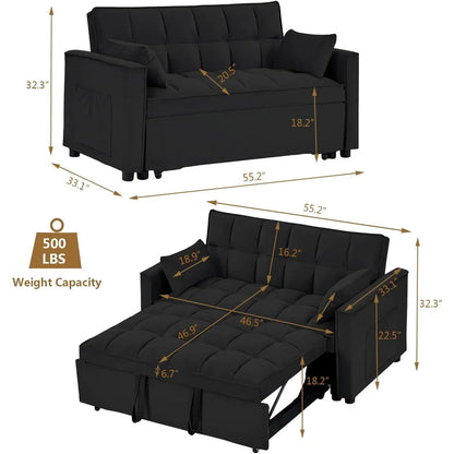 Convertible Sleeper Sofa Bed, Velvet Tufted Loveseat Couch with Pull Out Bed with 2 Pillows, Living Room Sofa