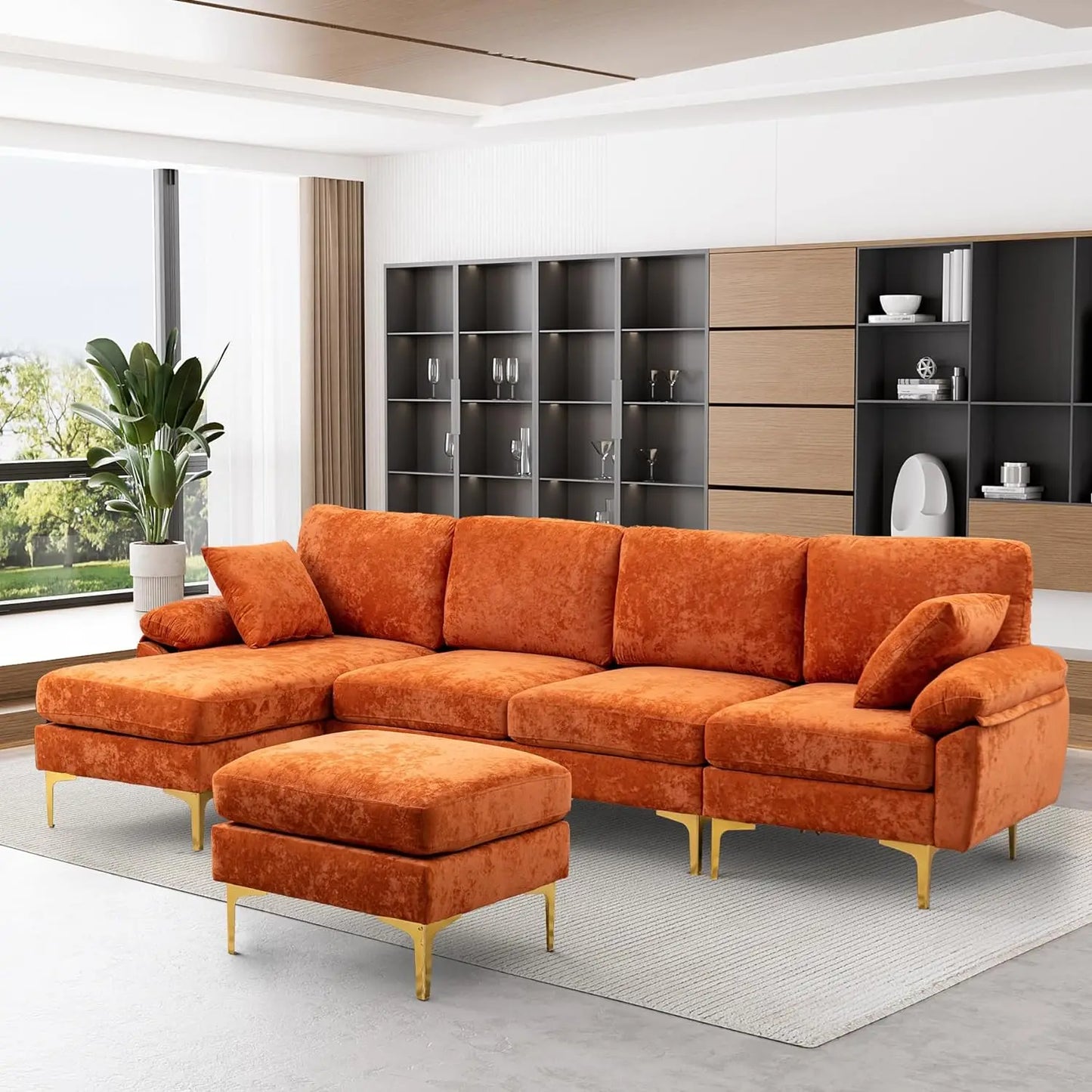 U-Shaped Sectional Sofa Couch,Sofa Set for Living Room,Convertible Velvet Couch Set with Chaise Lounge,Ottoman and Pillows