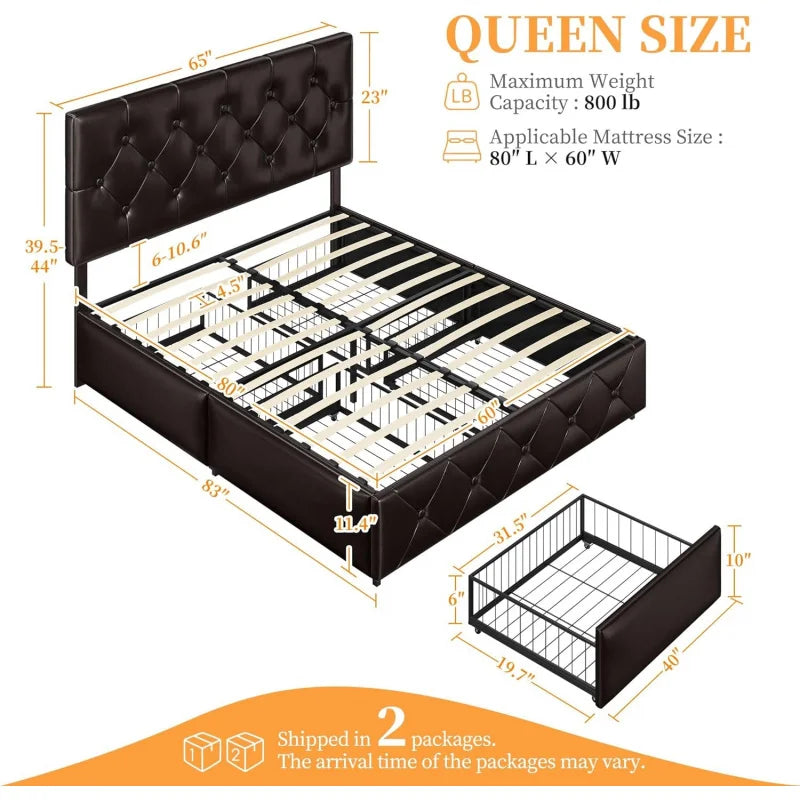 Lit plateforme Queen Size rembourré avec 4 tiroirs et tête de lit réglable, en similicuir avec matelas