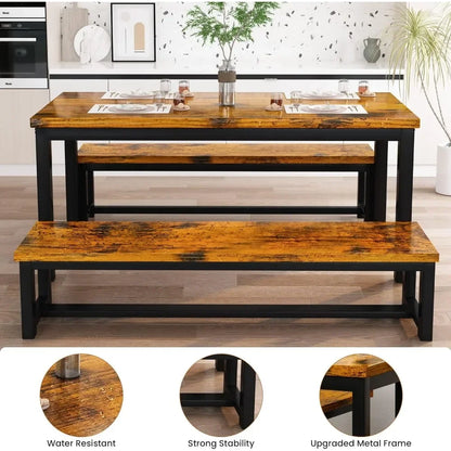 Juego de mesa de comedor para restaurante, juego de cocina con 2 bancos de 43,3 x 23,6 x 28,5 pulgadas, banco de 38,5 x 11,8 x 17,5 marrón industrial