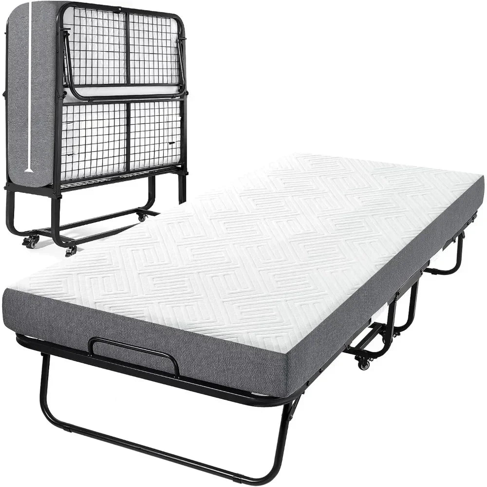 Folding Bed, (with 5.2" Thick Memory Foam Mattress), 79 * 35inch, Portable Foldable Adult with Mattress for Guest use, Metal