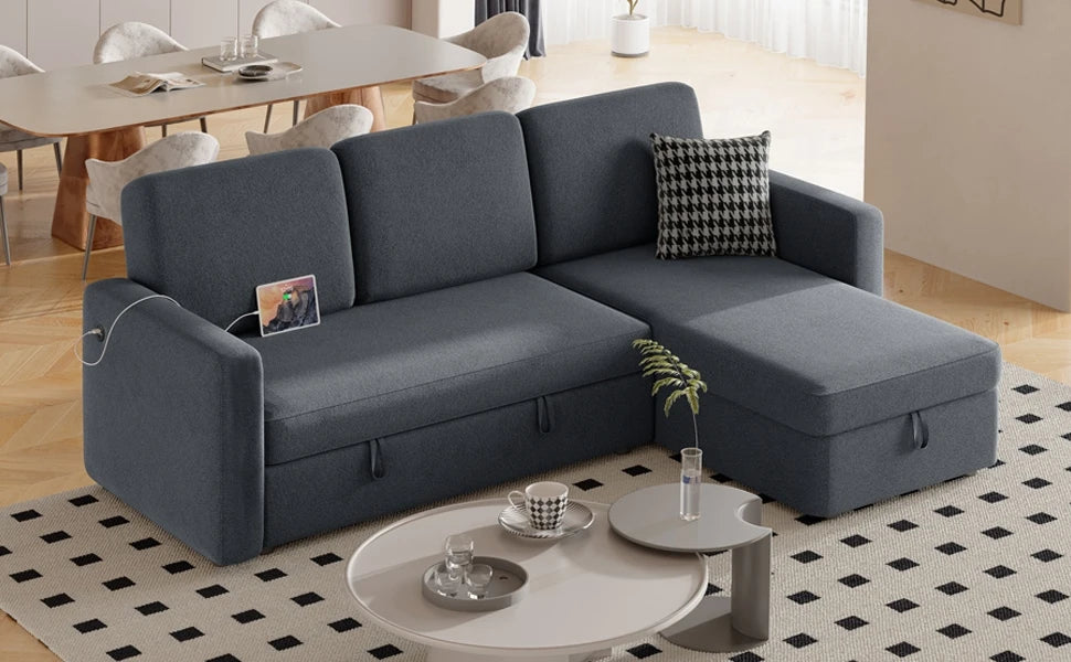 Sectional Sofa Couch Bed W/Chaise & USB, Reversible Couch Sleeper W/Pull Out Bed & Storage Space, Pull Out Couch, Sofa Bed