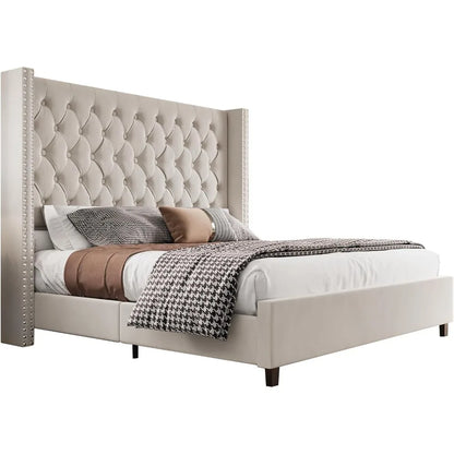 King Platform Bed Frame 61.4" Handmade Headboard Velvet Tall Upholstered Bed Deep Button Tufted,King Bed with Wood Slat Support