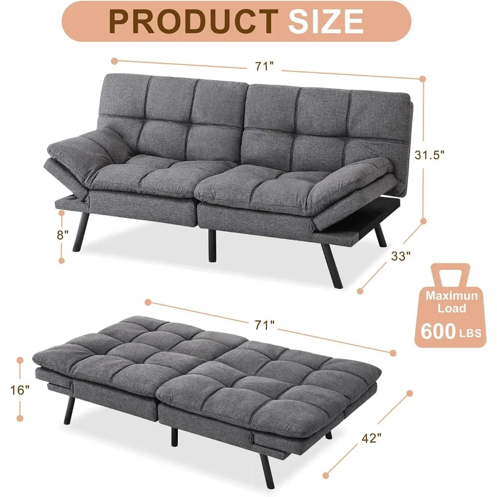 Sofá cama convertible moderno de espuma viscoelástica con reposabrazos ajustables y patas de metal, sofá cama gris