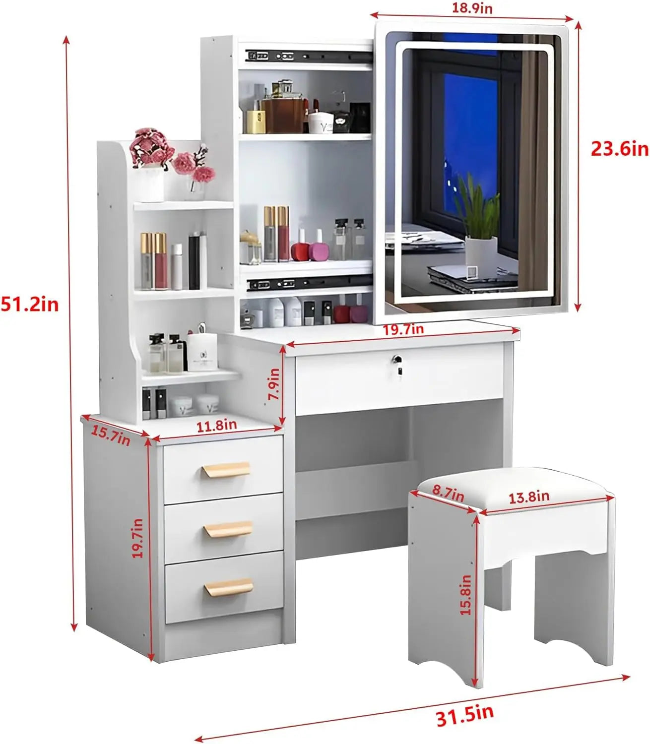 Vanity Desk, Makeup Table with Mirror, Stool, 4 Drawer 3 Shelves Storage Unit, White Vanity Make Up Desk for Bedroom Furniture