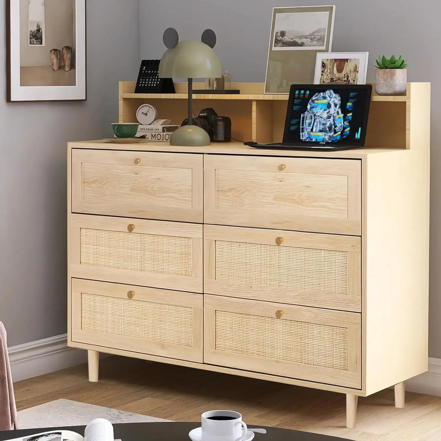 Rattan Dresser for Bedroom with Shelves, Modern Drawer Double Dresser with Charging Station, Wood Chest of Drawers for Bedroom