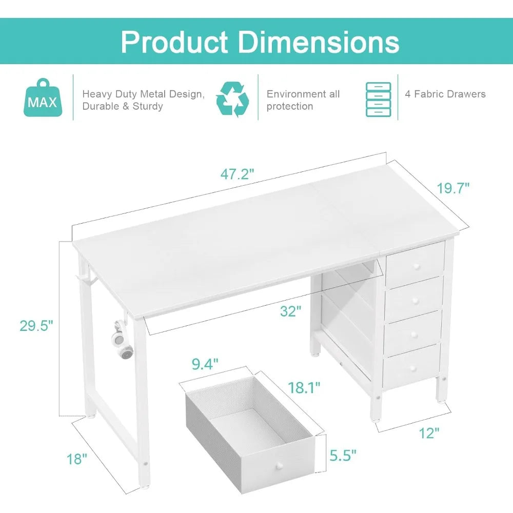 Bureau d'ordinateur blanc avec tiroirs - Bureau d'étude de 47 pouces pour la chambre à coucher, le bureau à domicile, les bureaux PC simples, modernes et mignons