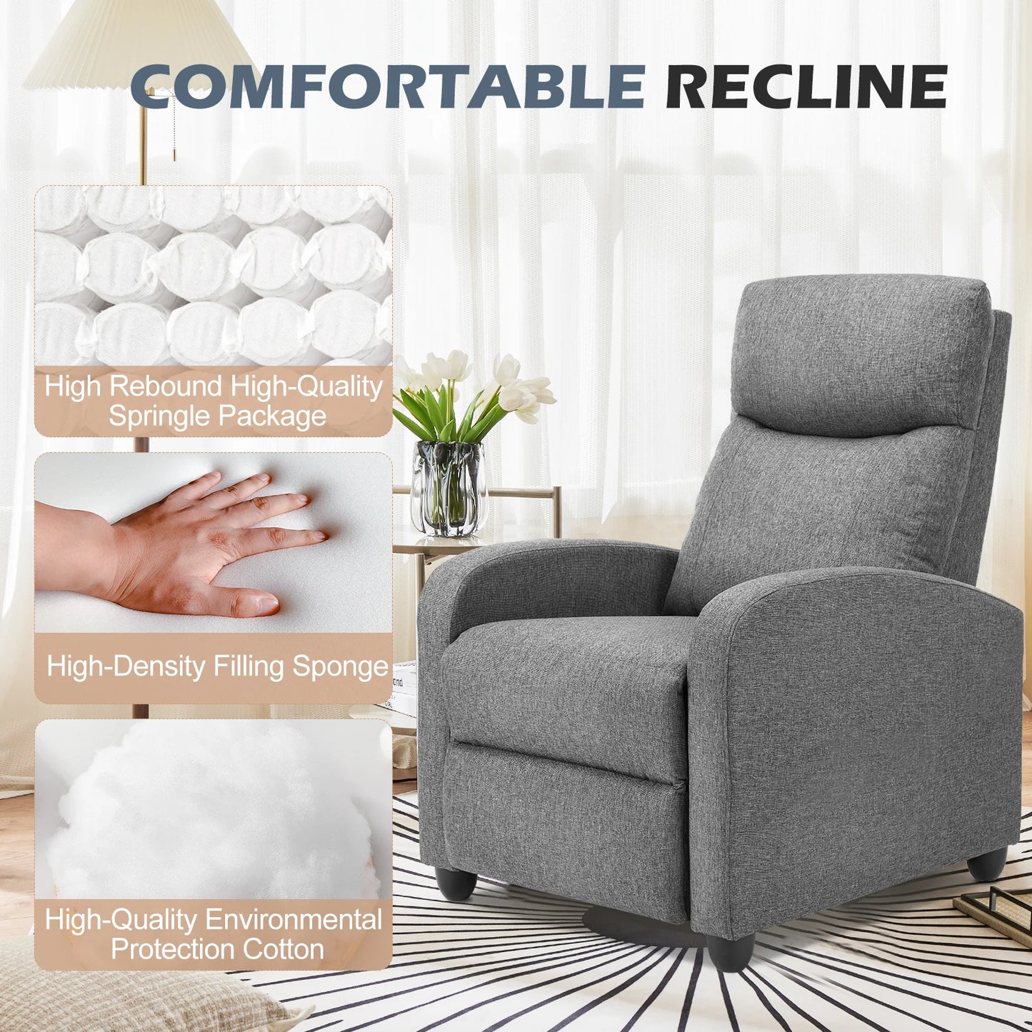 Fauteuil inclinable de massage JHK pour adultes, canapé inclinable confortable en tissu, siège de cinéma maison réglable avec rembourrage