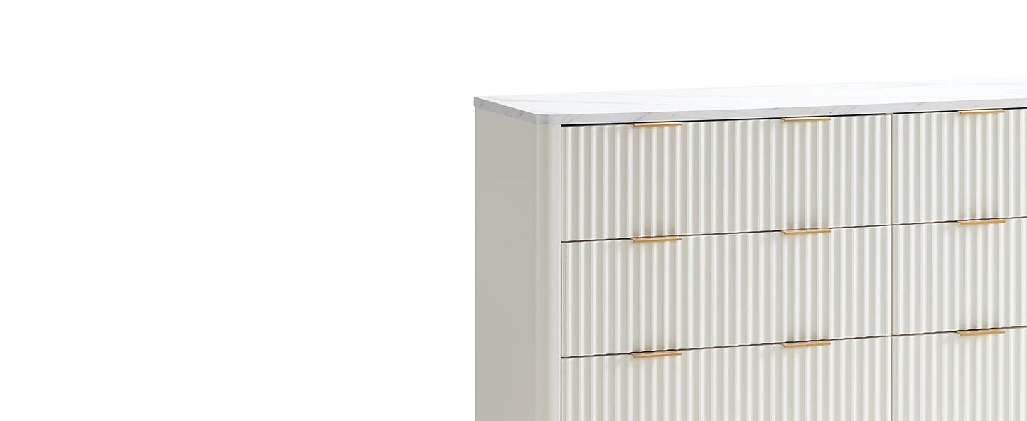 Fluted 6 Drawers Dresser, 54" Wide Modern Chest of Drawers with Faux Marble Top, Curved Profile Design, Dresser TV Stand, Wood