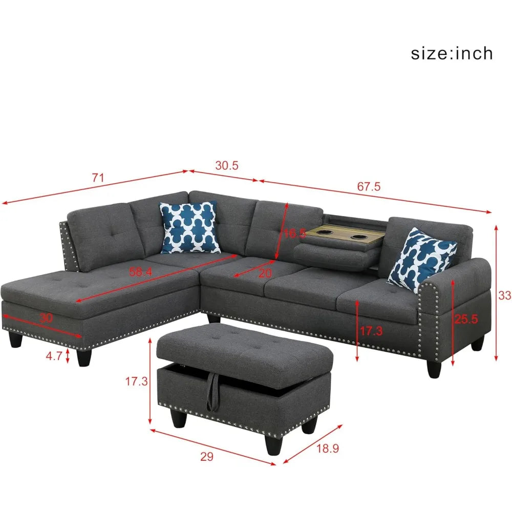 Sofás de sala de estar con espacio de almacenamiento, chaise longue y portavasos, sofá de tela de lino moderno de 4 plazas, sofás seccionales convertibles en forma de L