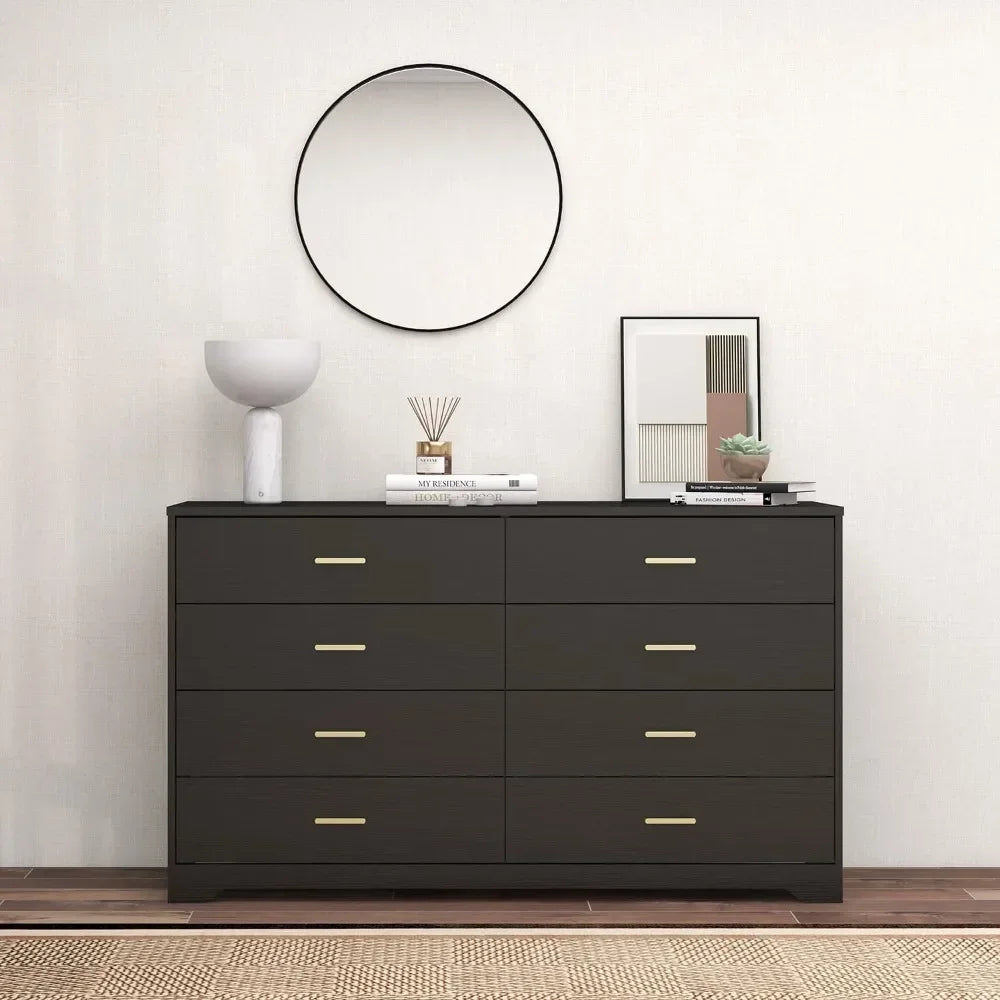 8 Drawer Wood Lateral Dresser, Big Wide Chest of Drawers Storage Organizer with Metal Gold Handles Home Bedroom (Black)