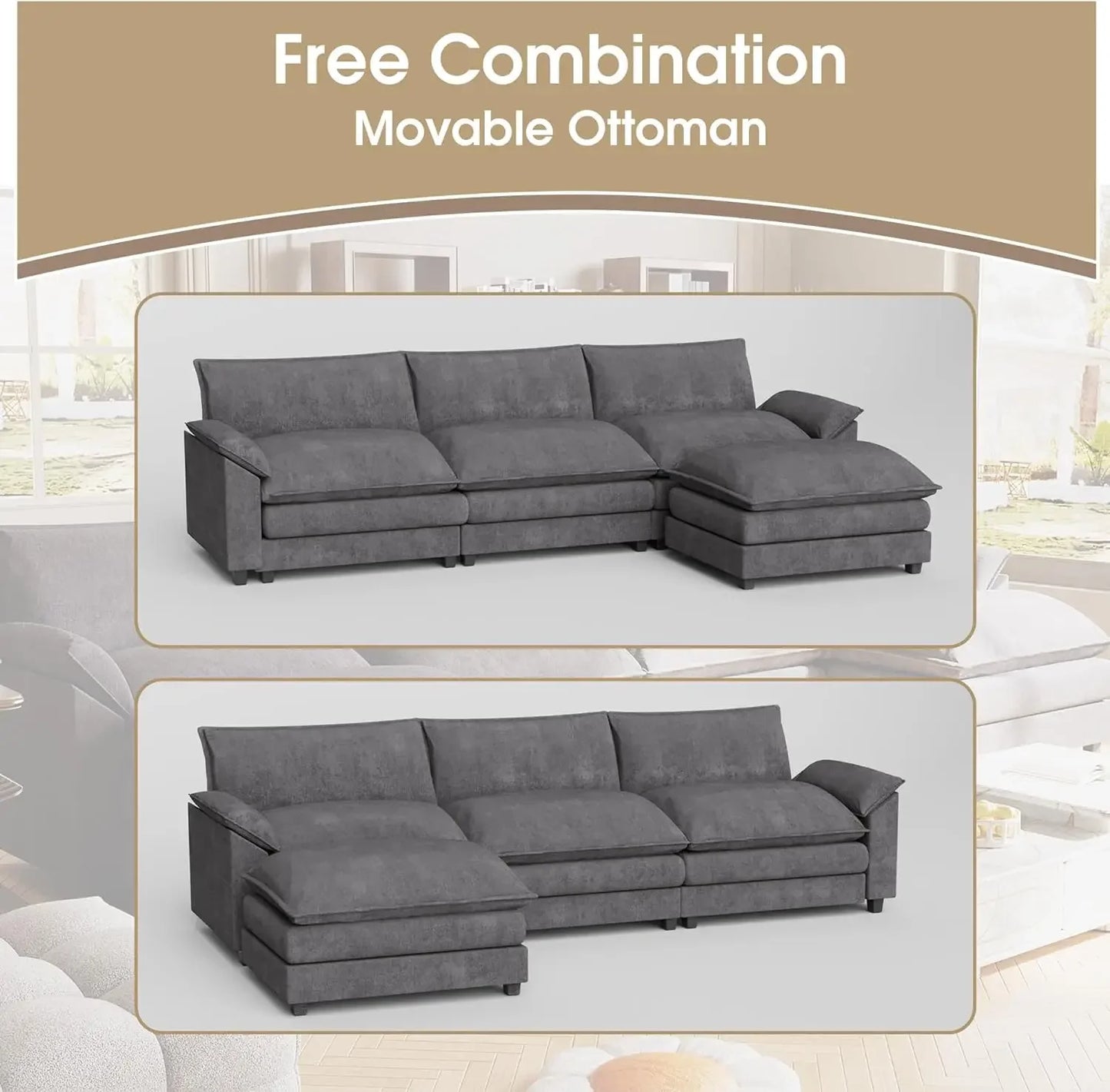 119” Modular Oversized Sectional Sofa,Modern Wide Arm L-Shaped Couch,Deep Seat & Reversible Ottoman,Sleeper Sofa Chenille Fabric