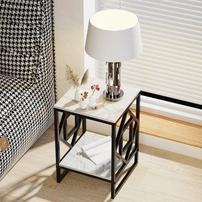 White Marble Top Side Table Sofa End Table Bedside Nightstand Black Coated Frame