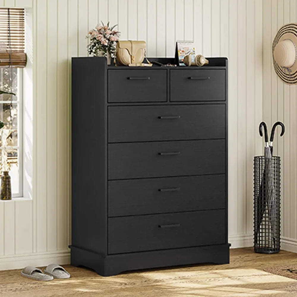 Black 6 Drawer Dresser, Wooden Storage Chest of 6 Drawers, Vertical Large Capacity Clothing Storage Organizer, Tall Dressers