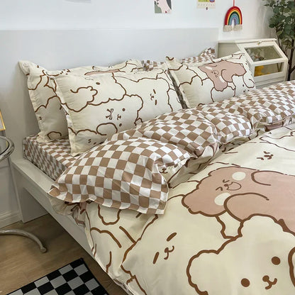 Kawaii Little Bear Printed Bed Set Floral Duvet Cover Pillowcase Bedding Set Cute Bed Sheet Quilt Cover Single Queen King Size