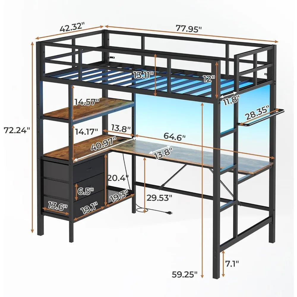 Lit mezzanine avec bureau en L, lumières LED, station de charge, cadre de lit mezzanine à LED, taille double, avec 3 étagères de rangement et 3 tiroirs en tissu