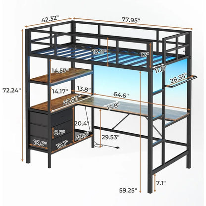 Cama alta con escritorio en forma de L, luces LED, estación de carga, marco de cama alta con luces LED, tamaño doble, 3 estantes de almacenamiento y 3 cajones de tela