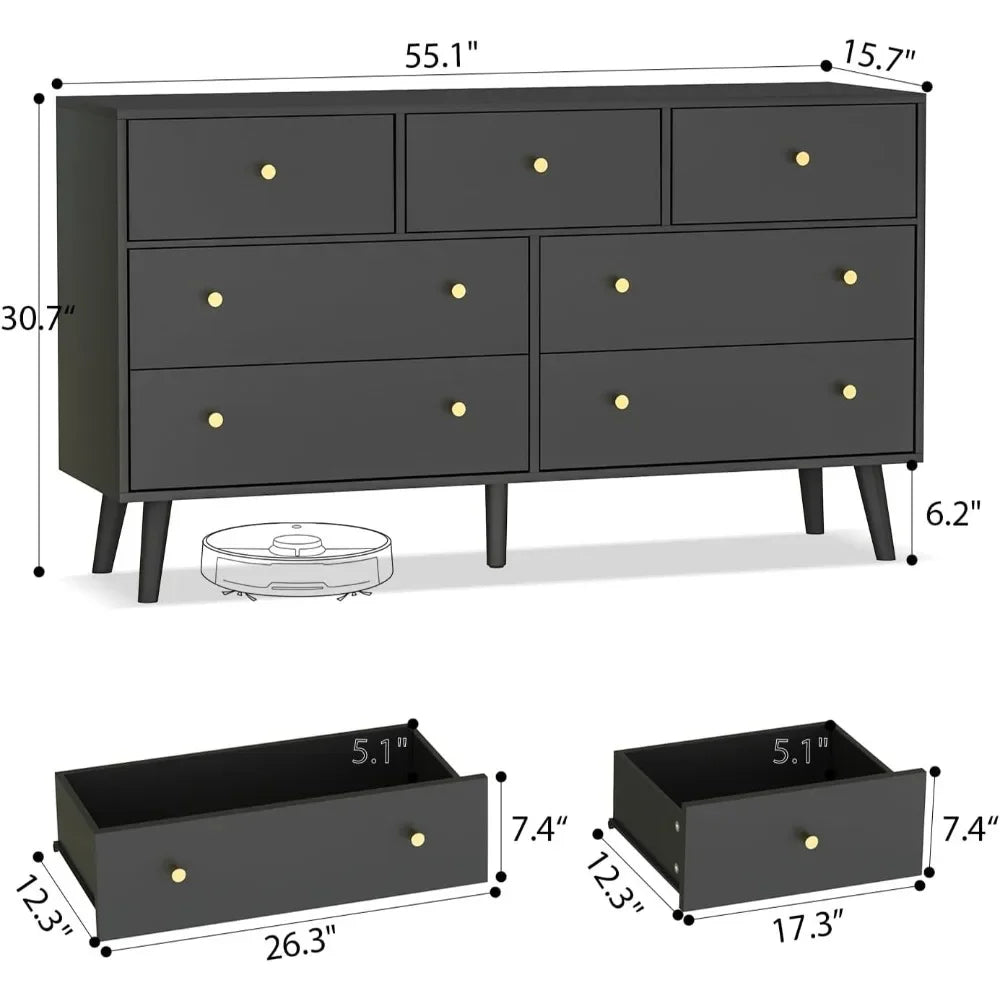 Commode noire de 55 po, commode à 7 tiroirs pour chambre à coucher avec tiroirs larges et boutons dorés, commodes et commodes en bois