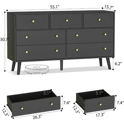 Commode noire de 55 po, commode à 7 tiroirs pour chambre à coucher avec tiroirs larges et boutons dorés, commodes et commodes en bois