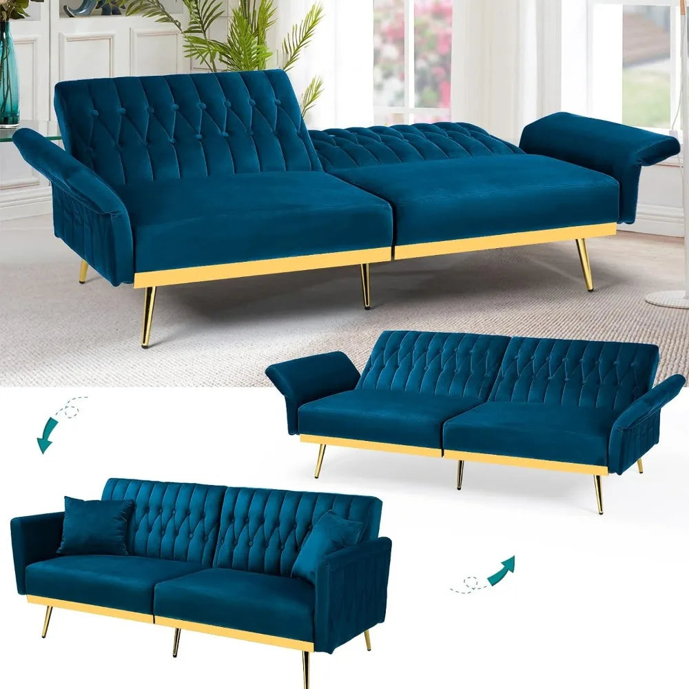 Canapé-lit futon en velours de 70 po avec dossiers et accoudoirs réglables, canapé-lit futon convertible avec deux oreillers, lit-lit capitonné