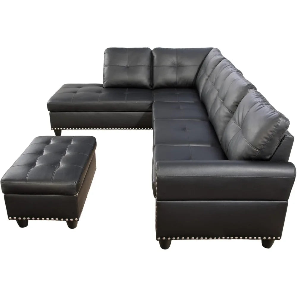 Living Room Sofa, 98 Inch L Shape Faux Leather Sectional Sofa with Lounge Storage, Ottoman & Cup Holder, Black Living Room Sofa