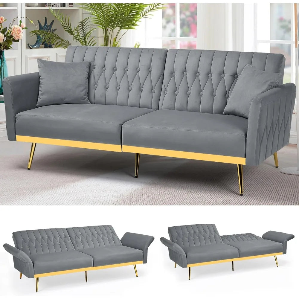 70in Velvet Futon Sofa Bed W/Adjustable Backrests and Armrests, Convertible Futon Couch with Two Pillows, Tufted Sleeper Bed