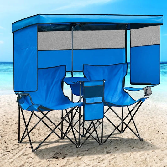 Double Camping Chair with Canopy Shade Beach Chairs with Cup Holder Heavy Duty Folding Loveseat for Outside Lawn Patio